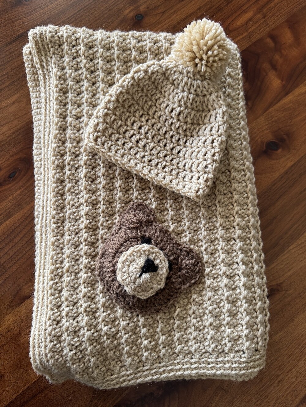 Beige Crochet Bear Hat and Blanket Set for Kids